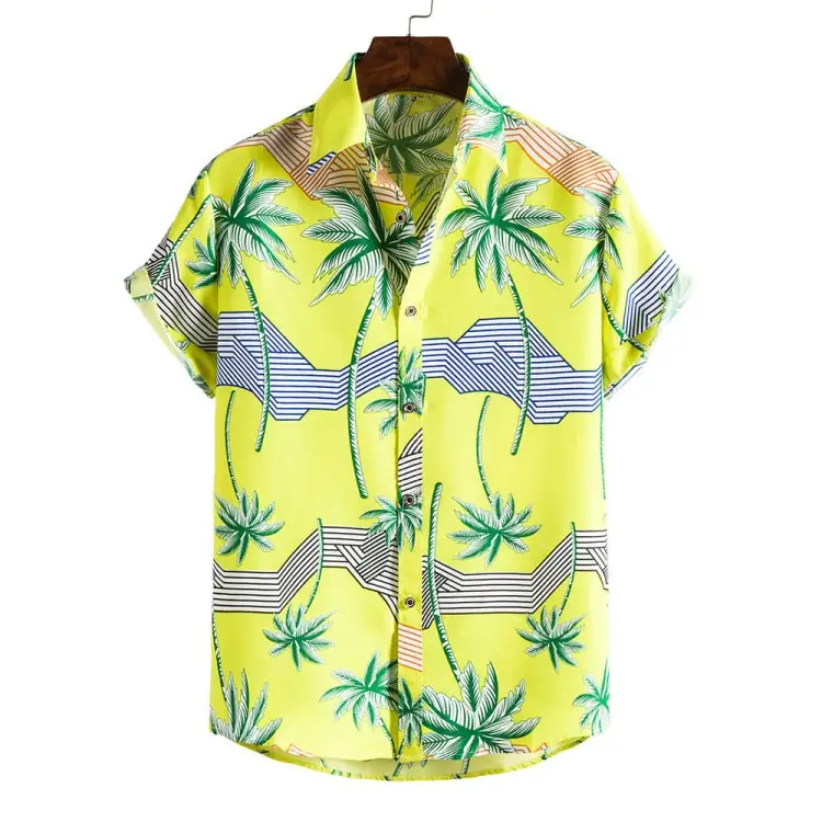 定制夏季短袖数码印花休闲黄色沙滩阿罗哈夏威夷衬衫男士