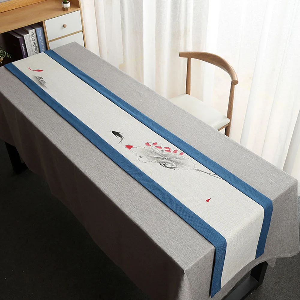 Freehand Sketching Tea Space Conference Living Room Canteen Long Chinese Style Rectangle Household Flax Tablecloth