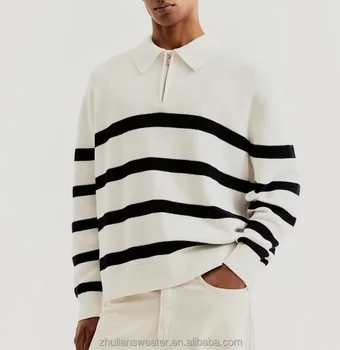Custom LOGO OEM&ODM Cotton Long Sleeve Striped Men's Sweater Loose Fit Half-zip Polo Sweater