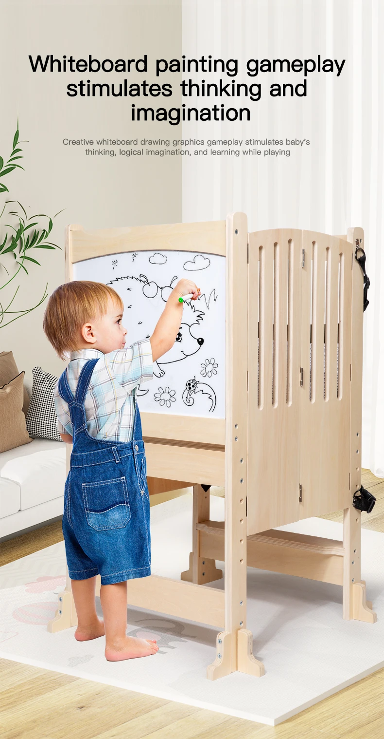 Tabouret de cuisine pliant Montessori pour tout-petits, chaise d'apprentissage multifonction en bois pour enfants, détails de la tour d'apprentissage