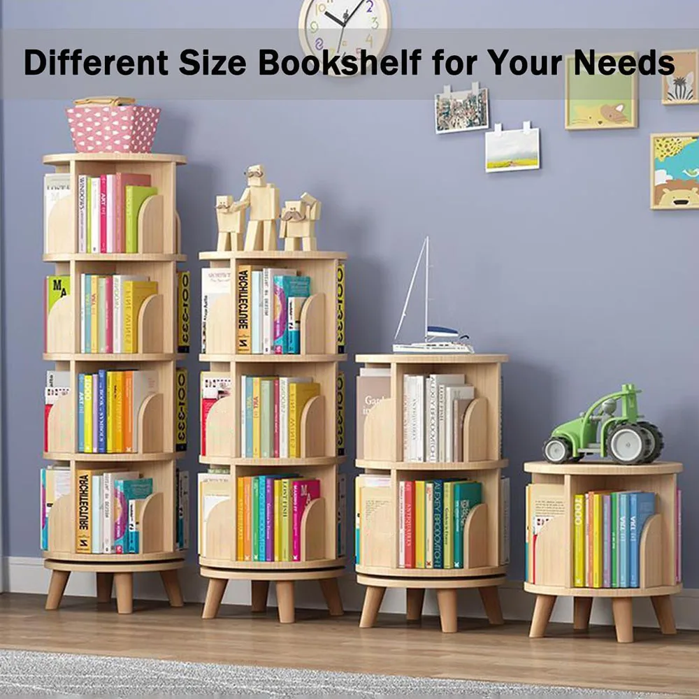 Modern 3-Tier Rotating Bookshelf with 360 Display Wood Panel Standing Kids Bookcase with Legs details
