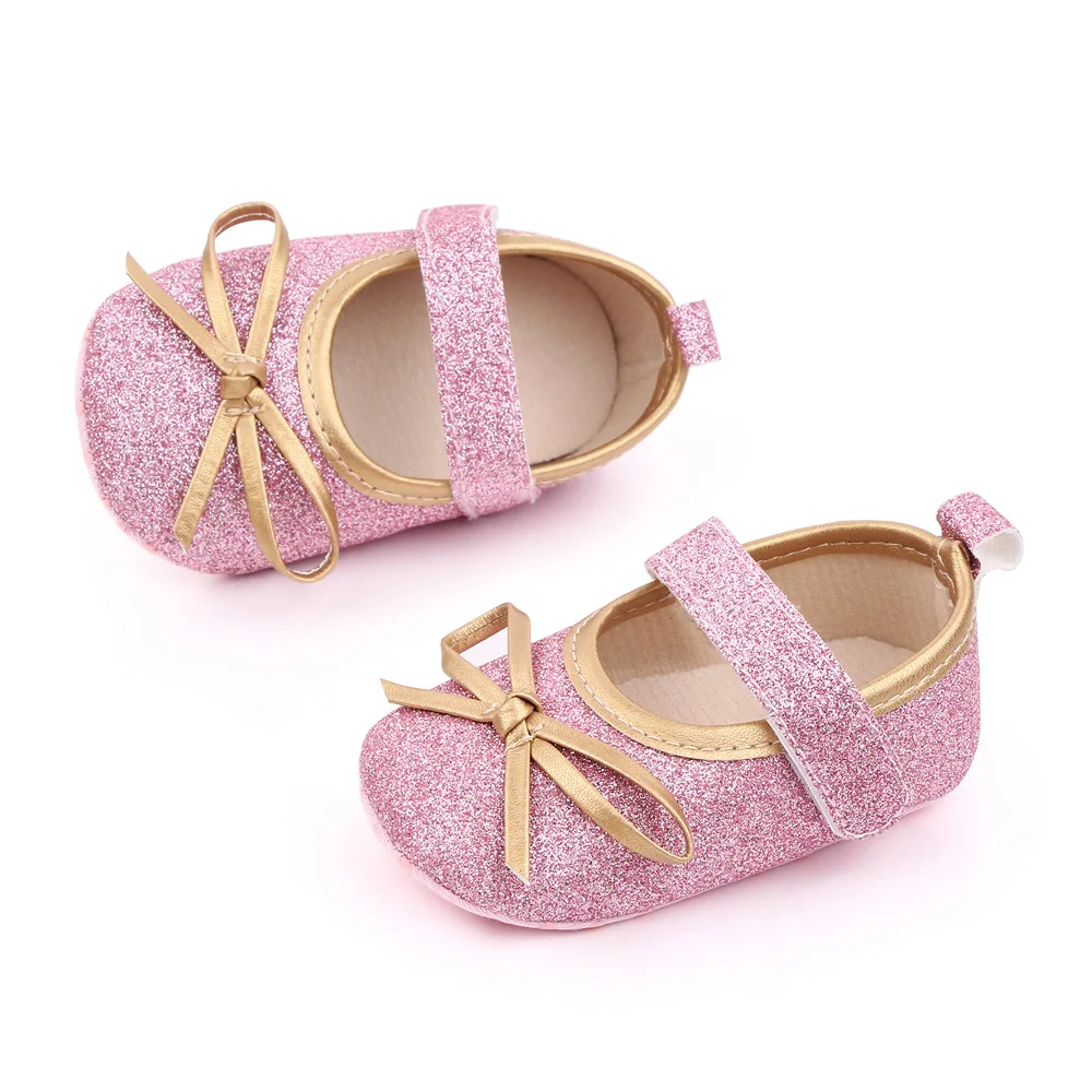 Spring and Autumn Baby Girls Sparkle Solid Color Glitter pink Bow Princess Toddler Shoes supplier