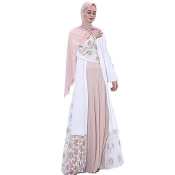 Hot sale 2 piece muslim dress women set beautiful abaya designs flare sleeve embroidery dubai abaya Islamic clothing wholesale