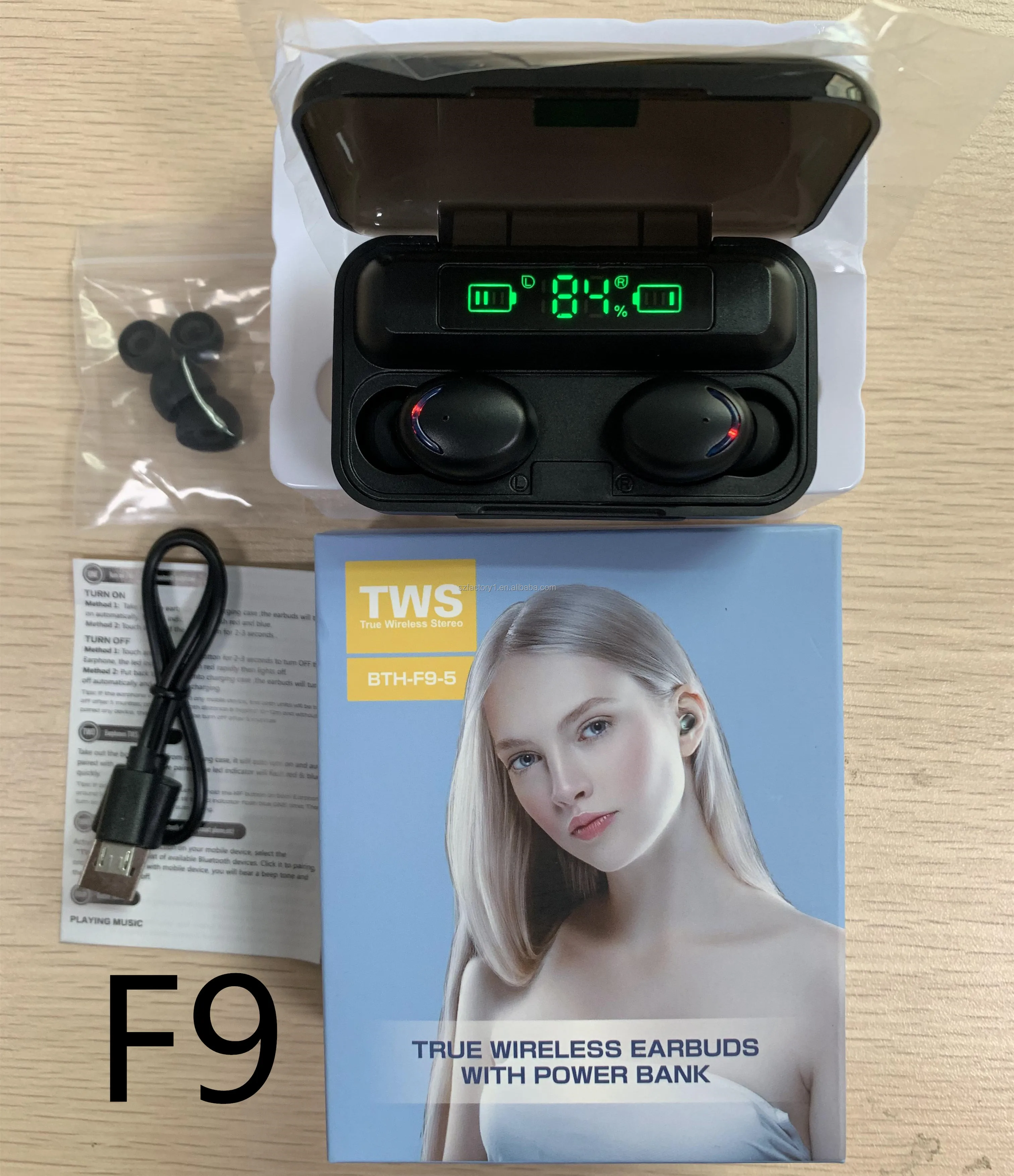 F9 F9-5 Wireless BT 5.0 TWS Wireless Earbuds LED Digital Display Earphone 8D Touch Button Stereo Headset With Charging Box