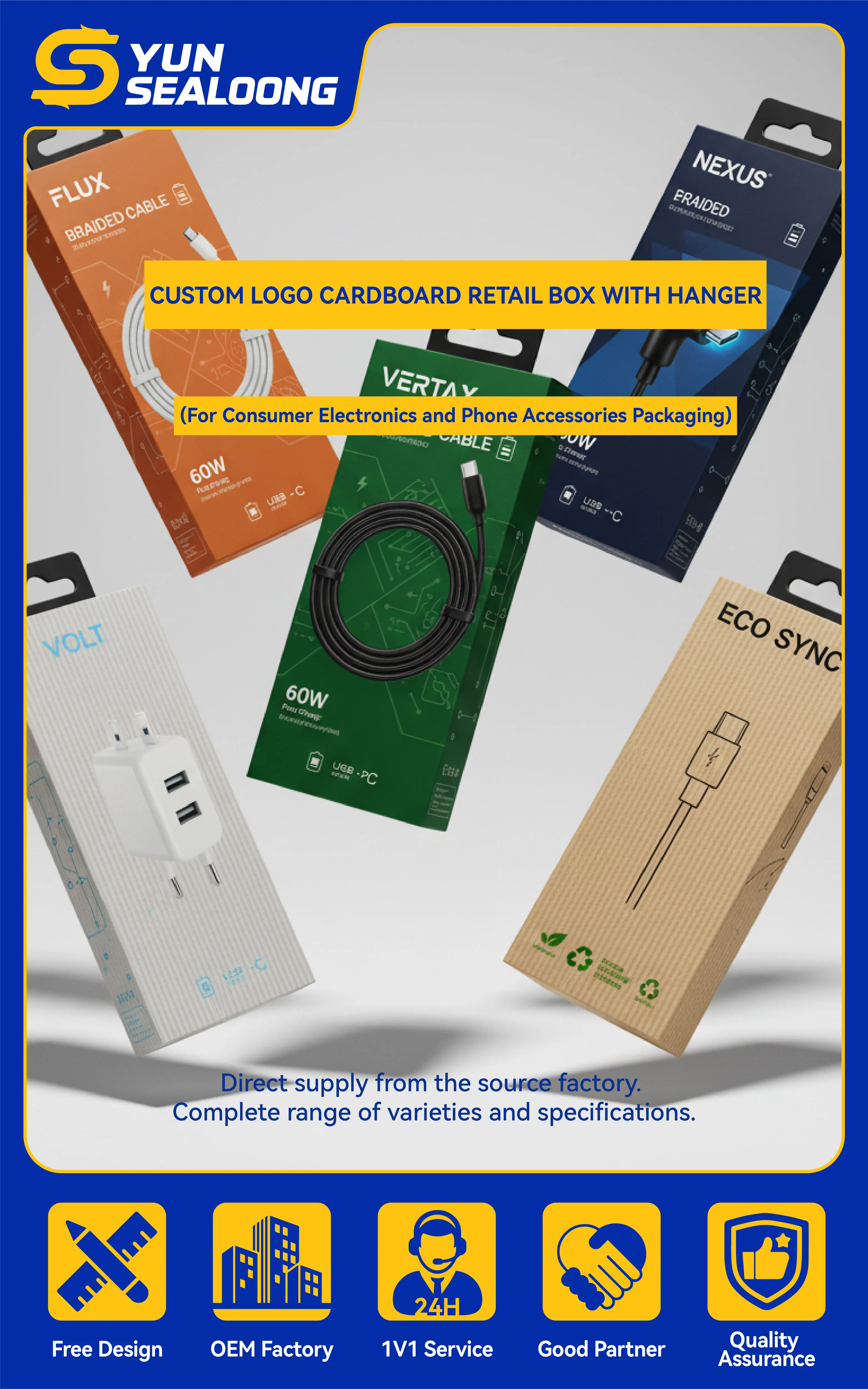 Custom Logo Cardboard Retail Box with Hanger for Consumer Electronics and Phone Accessories Packaging