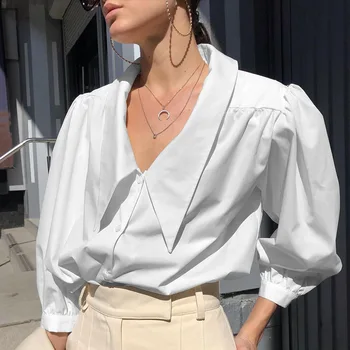 Hot Sale Plain Business Shirts Blouse Designer White Puff Sleeve Blouse Top For Women blusas y camisas para mujeres