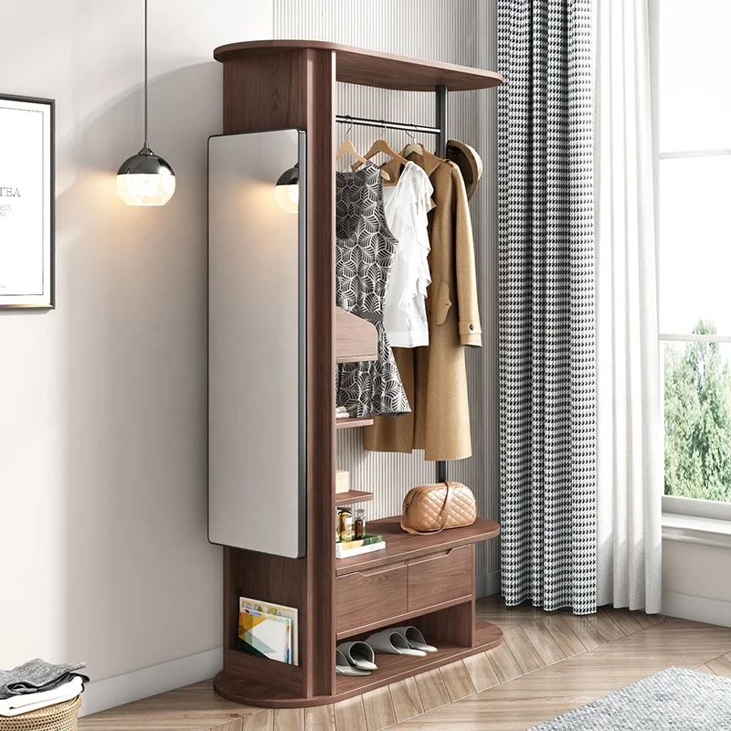 Hot Sale Modern Bedroom Furniture Storage Mirrored Clothes Closet Stand Wooden Coat Rack