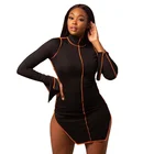 Dress Women 2021 Autumn New Long-sleeved High-neck Split Stitching Line Sexy Slim Solid Color Dress Women