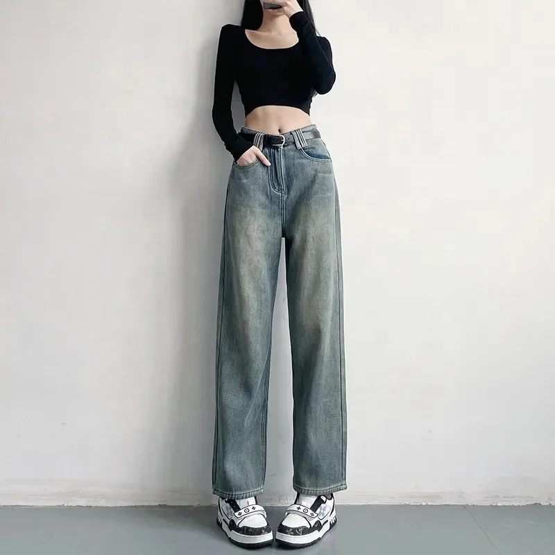 High Quality Women's Jeans Women Casual Plain High Waist Straight Jeans Ladies Denim Loose Trousers Pants Supplier From BD