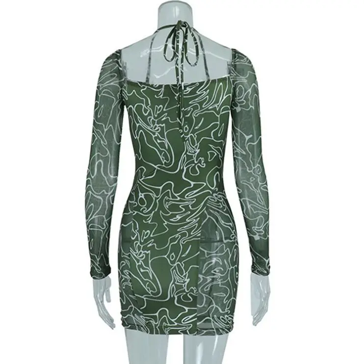 - fashion printed halter mesh long sleeve women dress
