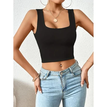 Women Casual Sleeveless Square Neck Crop Tank Top Summer Solid Color Women's Clothing