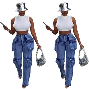 Cargo Jeans Women Big Pocket Loose Female Denim Pants 2024 Spring Winter Casual Straight Trousers