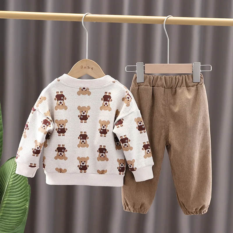 Kids Clothing Boy Cotton Bear Cartoon Cardigan Boys Clothing Sets Long Sleeve Knitted Sweater T-shirt Pants Three-piece Set