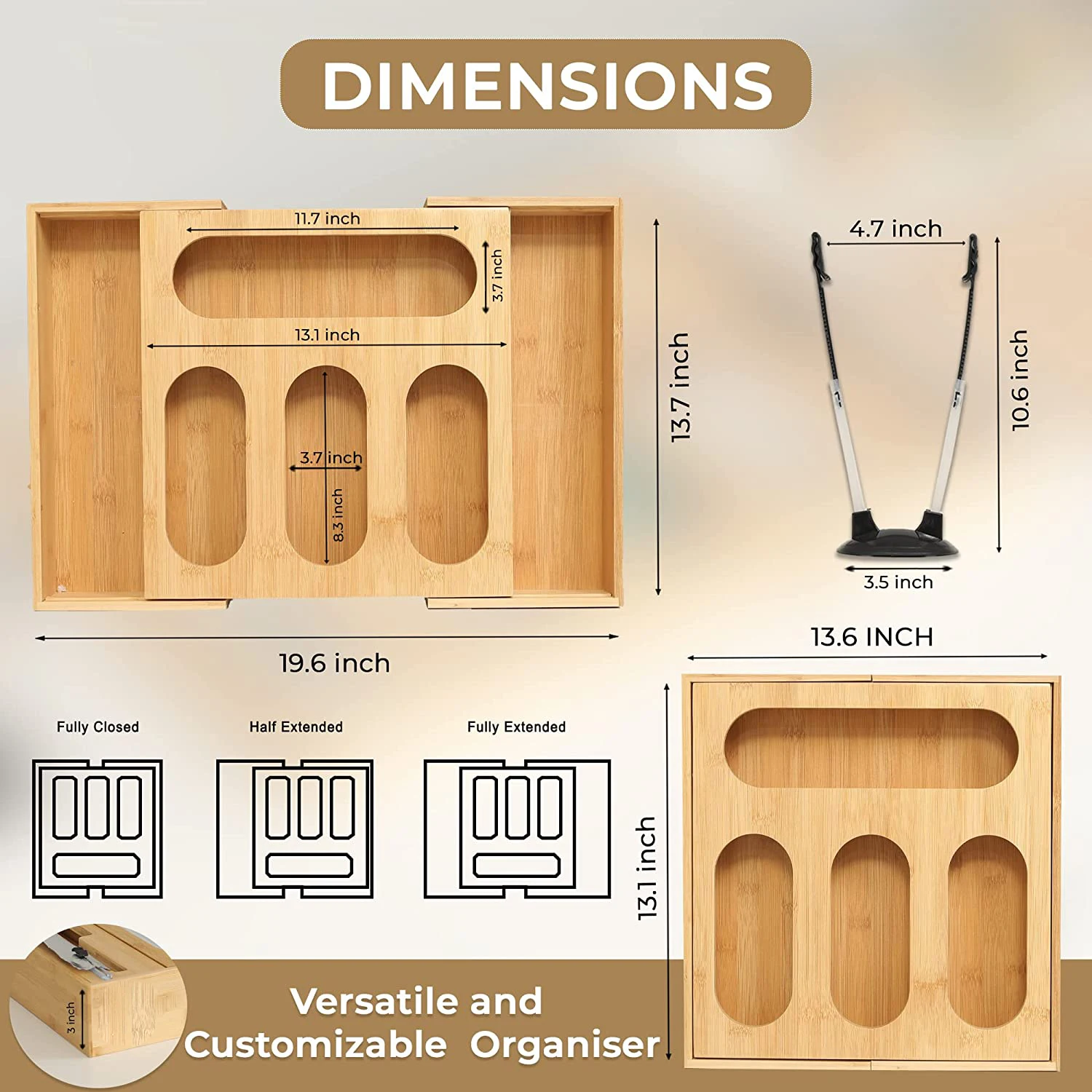 product modern expandable bamboo storage bag organizer with foil and plastic wrap holder lacquer technique for kitchen sundries-4