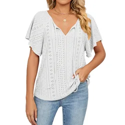 Wholesale V Neck Lace Up Ruffle Loose Top Tops For Women Women's T Shirt