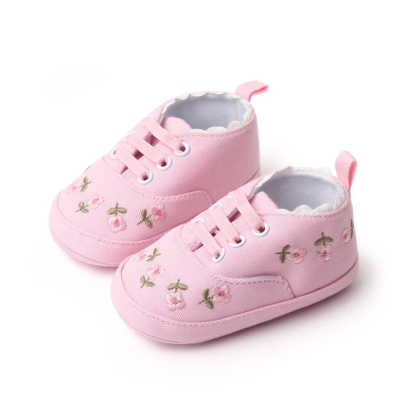 New Spring and Autumn Pure Color Denim Embroidered Flower Front Lace-up Cute Fashion Infant Princess Toddler Shoes for Baby Girl supplier