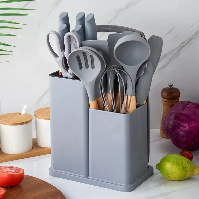 19-piece Set Of Silica Gel Kitchen Utensil Set With Wooden Handle And Cuttings Board Storage Bucket Kitchen Gadget Set