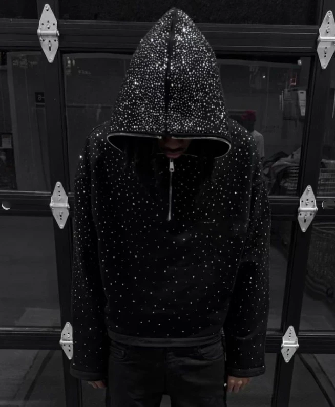 Streetwear Custom 380 500gsm Men's French Terry Fleece All Over Print Rhinestone Boxy Cropped Full Face Half Zip up Hoodie Men details