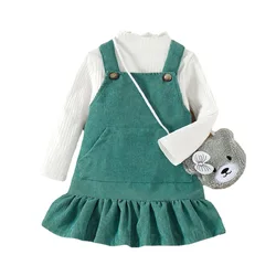 New arrival kids clothes toddler girls long-sleeve shirt+corduroy skirts+bags 3pcs boutique casual dresses suits for girls