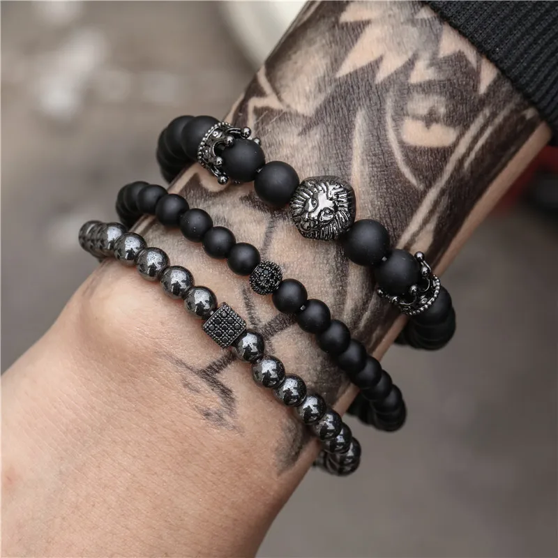 Vintage High Quality Hot Sale Black Frosted Lion Head Charm Natural Stone Beads Elastic Bracelet Set Men's Jewelry
