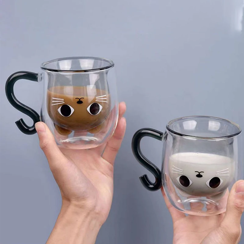 2023 new arrival gift idea cute cat glass mug 3d high borosilicate coffee mug double wall glass cup
