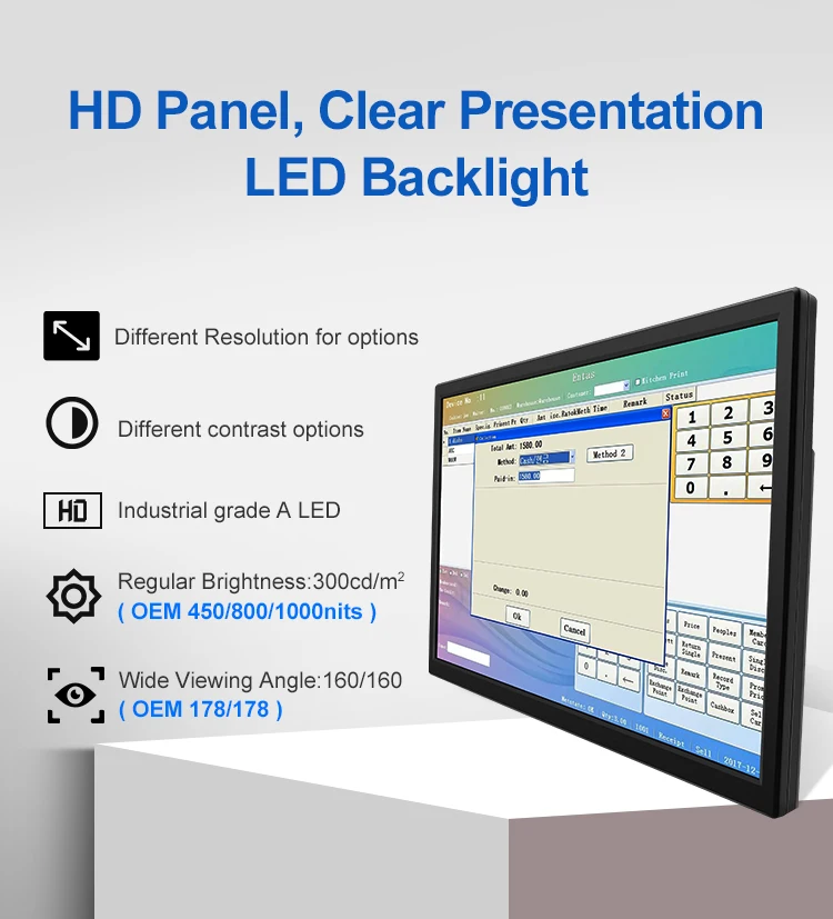 19.2 Inch Industrial Monitor HD VGA AV BNC USB Wide Screen VESA Wall Mounted Plastic Industrial LCD Display