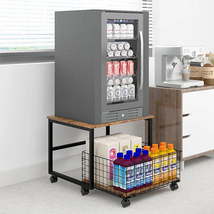 Custom Fridge Stand with Storage Wheels Rolling Mini Refrigerator Table for Organizer Unit Cart & Basket for Home Office