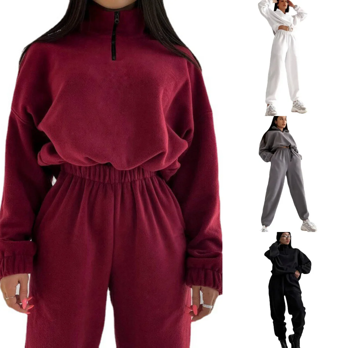Ying Tang Custom Sexy Casual Polar Fleece Drop Shoulder pullover Sweatshirt Set Sweatsuit Half Zipper For Women OEM/ODM