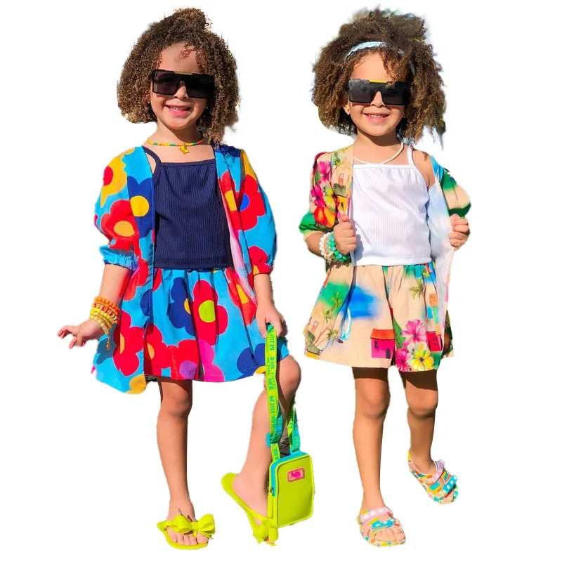 INS style children's clothing printing casual vest+skirts+coats boutique 3pcs little girls kids clothes outfits