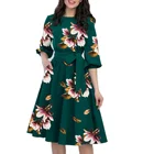 Women's 2021 High-end Women's Spring And Summer New Round Neck Print Retro Temperament Waist Dress