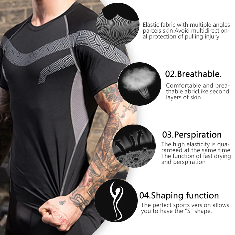 New Running Sport T-shirt Men's Skinny Quick dry Shirts Gym Fitness Training Super elastic Tee Tops Male Jogging Clothing