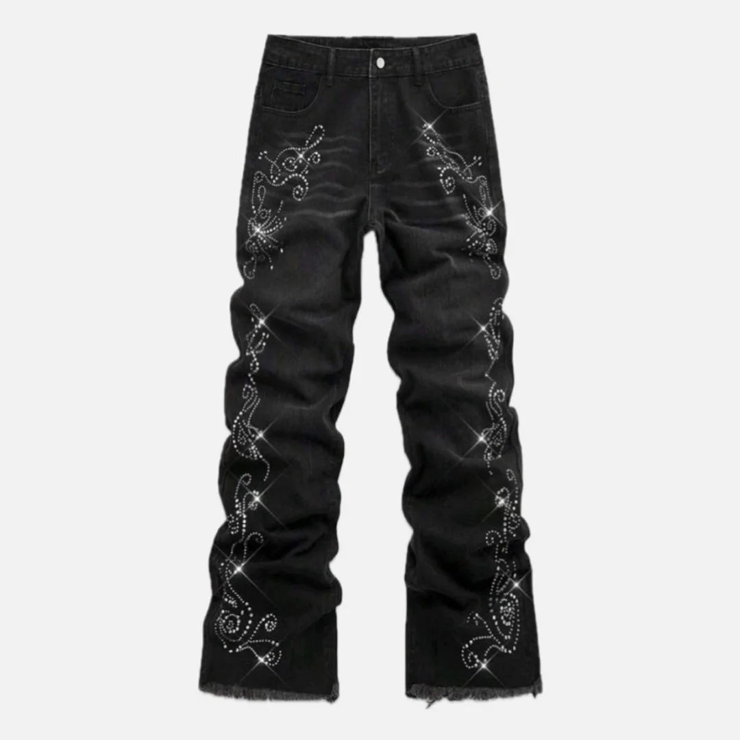 product custom luxury vintage washed mens jeans beaded rhinestone embellished streetwear wide leg denim pants oem odm custom available-2