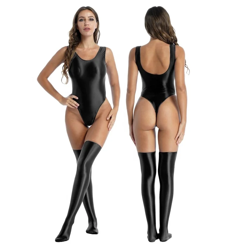 Women Shiny Glossy Stretchy Sleeveless High Cut Lingerie Bodysuit with Stockings Swimsuit Nightwear