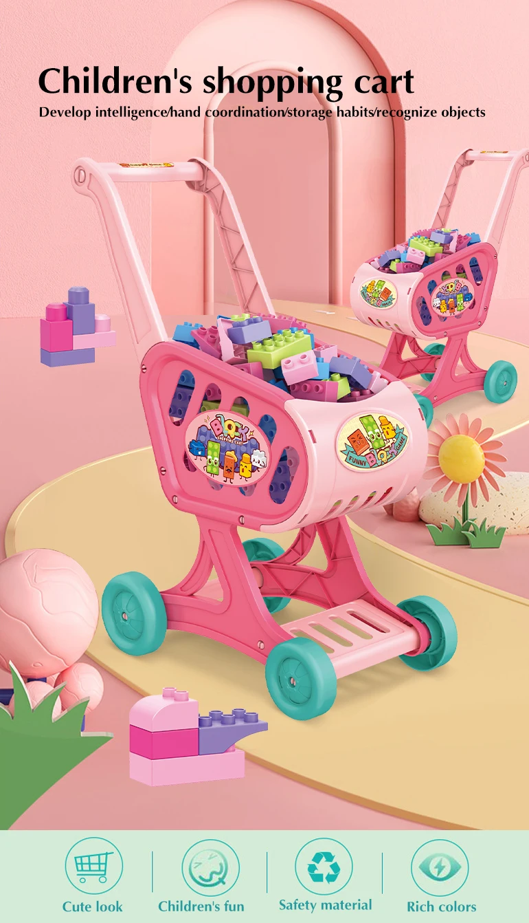 Chengji 80PCS building block supermarket toy car shopping play children's simulation pink toy shopping cart for toys