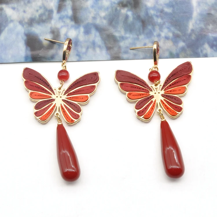 Newest Design red folding paper dangle ear jewelry luxury gold butterfly stud earrings
