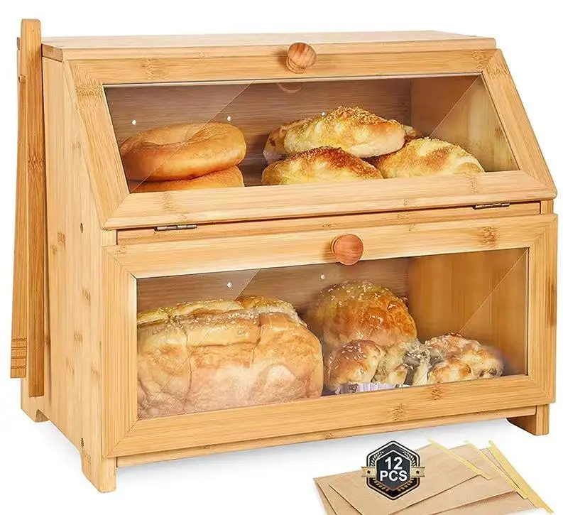 Extra Large Double Layer Natural Bamboo Bread Box with Clear Windows for Kitchen Countertop