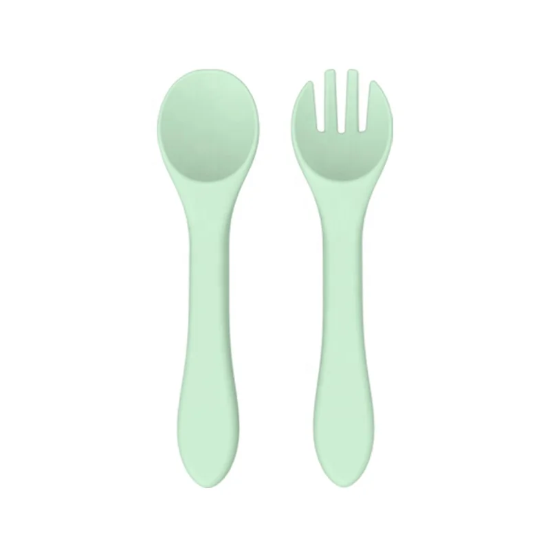 OEM Custom Wholesale Baby Feeding Soft Spoon Fork Set BPA Free Baby Dinnerware Utensils Food Grade Silicone
