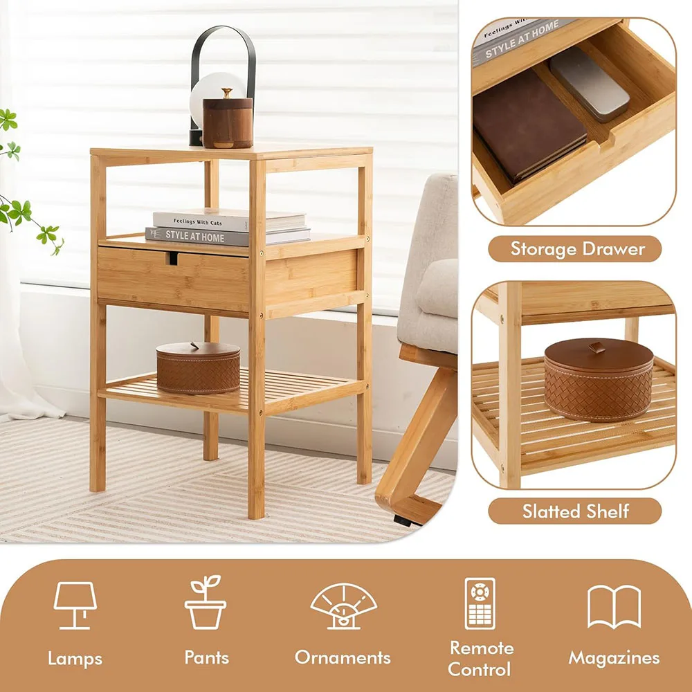 product bamboo nightstand with 2 storage shelves drawer multifunctional wood side table for small bedroom spaces accent design style-3