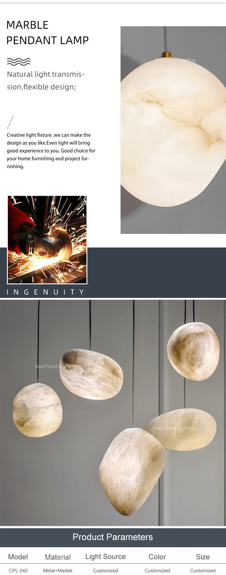 New Product Indoor Decoration Chandelier Dining Room Bedroom Stone Shape LED Pendant Light Alabaster Pebble Chandelier factory