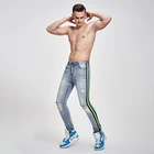 Light Men HUNTW Custom Light Blue Skinny Ripped Side Stripe Denim Jean Pants Men Custom