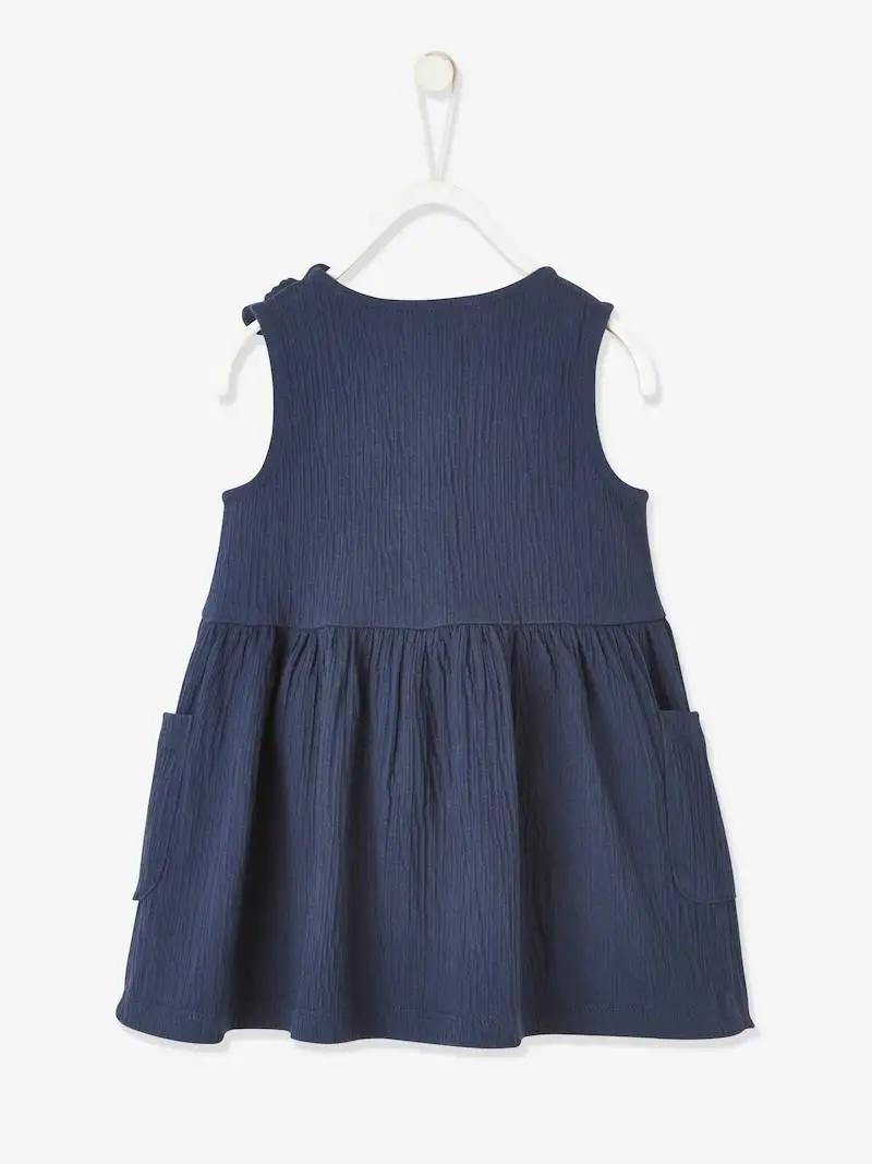 Premium quality children clothes dark blue crepon effect button down baby dress