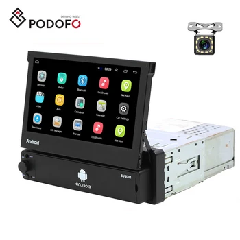Podofo 1Din Android 8.1 Car Radio Retractable 7'' Touch Screen GPS Wifi Autoradio Car MP5 Player + 12 LED Rear Camera