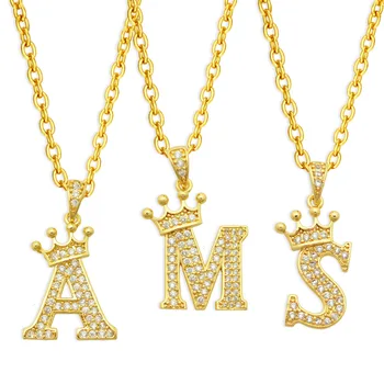 2022 new 14K Yellow Gold Real Color Diamond Initial Alphabet Crown Letter Pendant Necklace