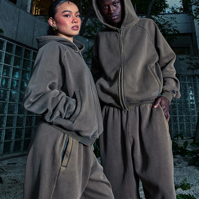 Custom Acid Washed Hooded Streetwear Tracksuit OEM Service Sweatsuit