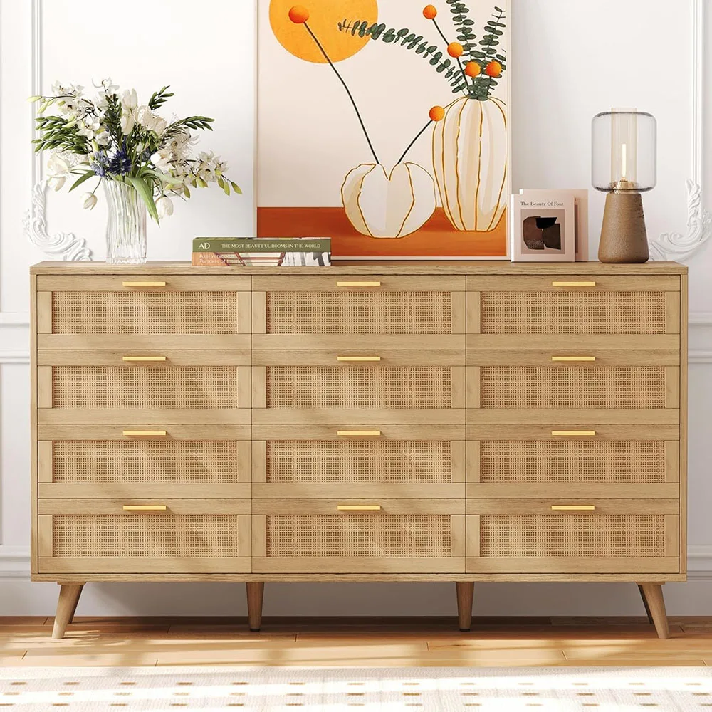 product 12 drawer double dresser modern oak chest dressers with golden handles for bedroom and living room natural-2