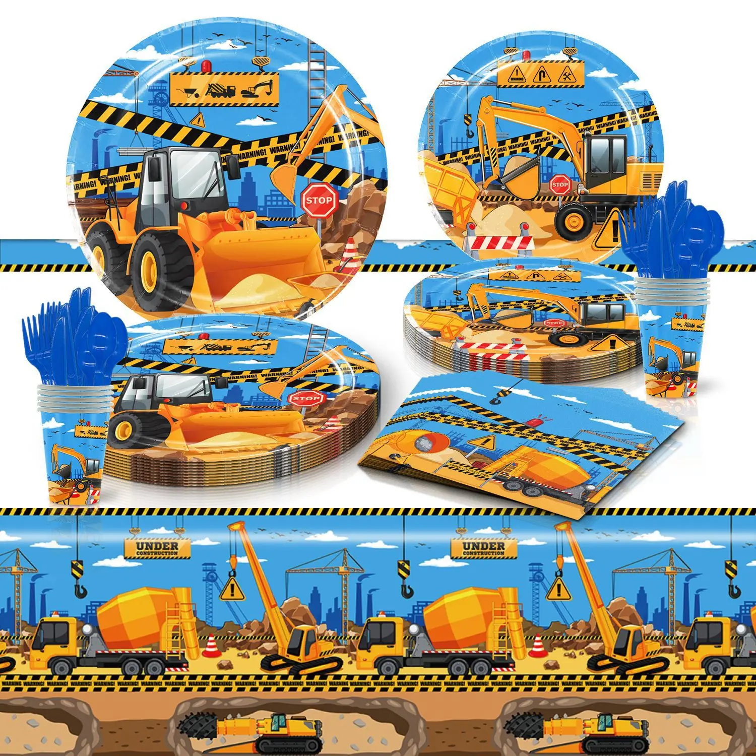 Engineering Car Construction Theme Cartoon Children's Birthday Party Layout Disposable Tablecloth Paper Plate Decorative Supplie