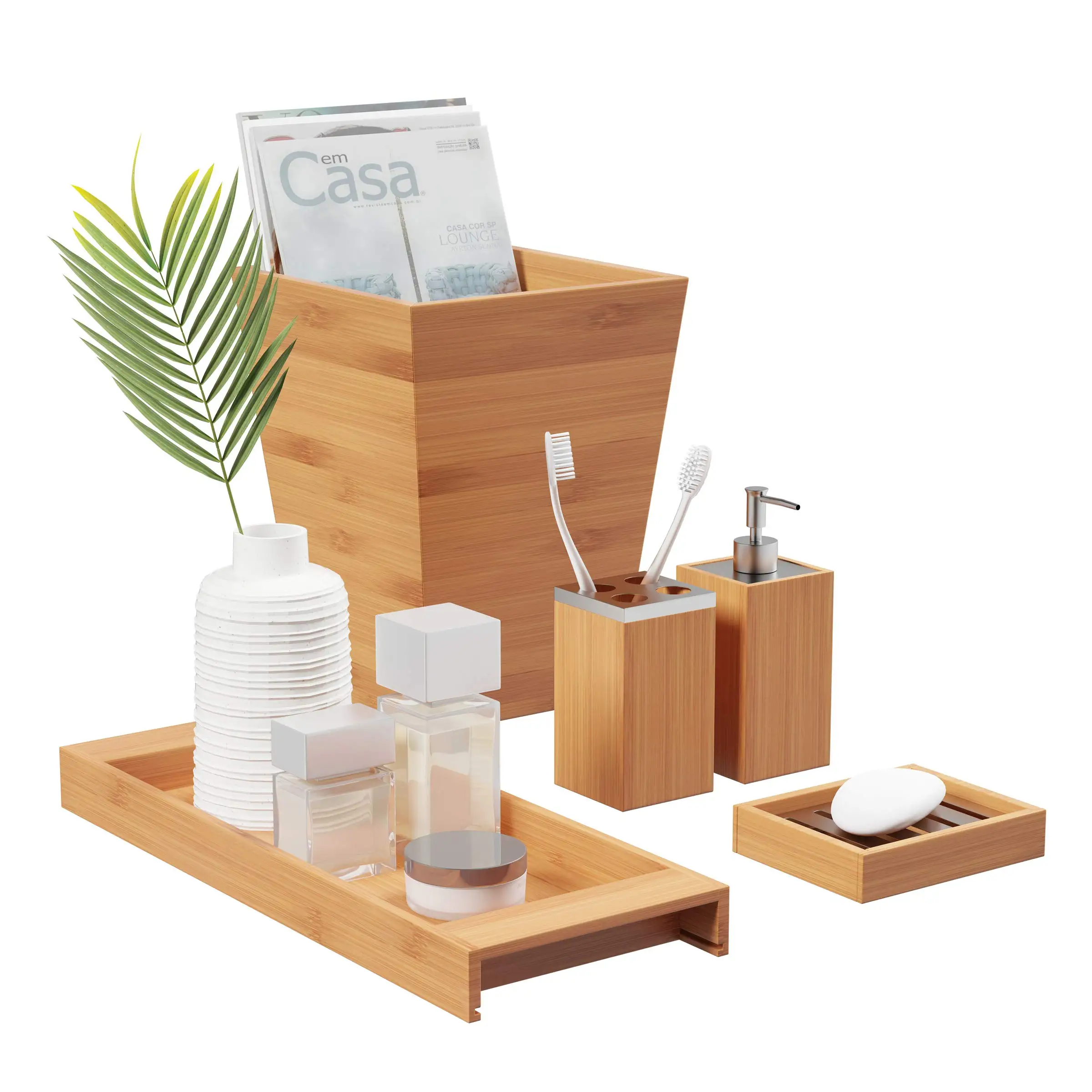 product zc custom 5 piece bathroom decoration set bamboo vanity accessories soap dish soap dispenser toothbrush holder-3