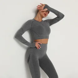 Custom Design Gym Wear Women Yoga Outfit Long Sleeve Crop Top Workout Sports Seamless Scrunch Butt  Leggings  Yoga Sets
