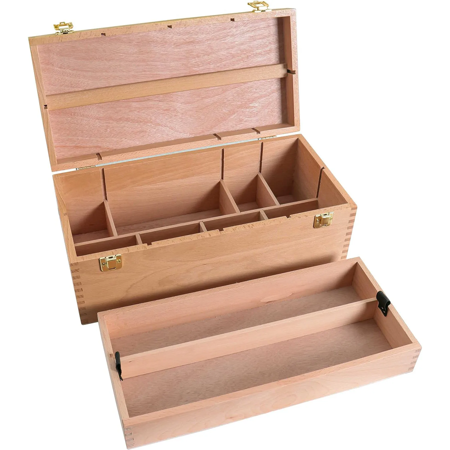 Art Supply Multi-Function Unfinished Beechwood Artist Tool Storage Box with Removable Tray & Locking Clasps