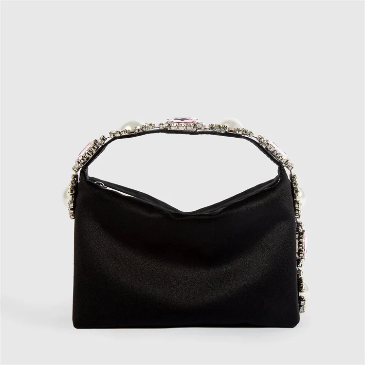 Luxury Diamond Pearl Satin Clutch Black Small Trendy Dinner Bags